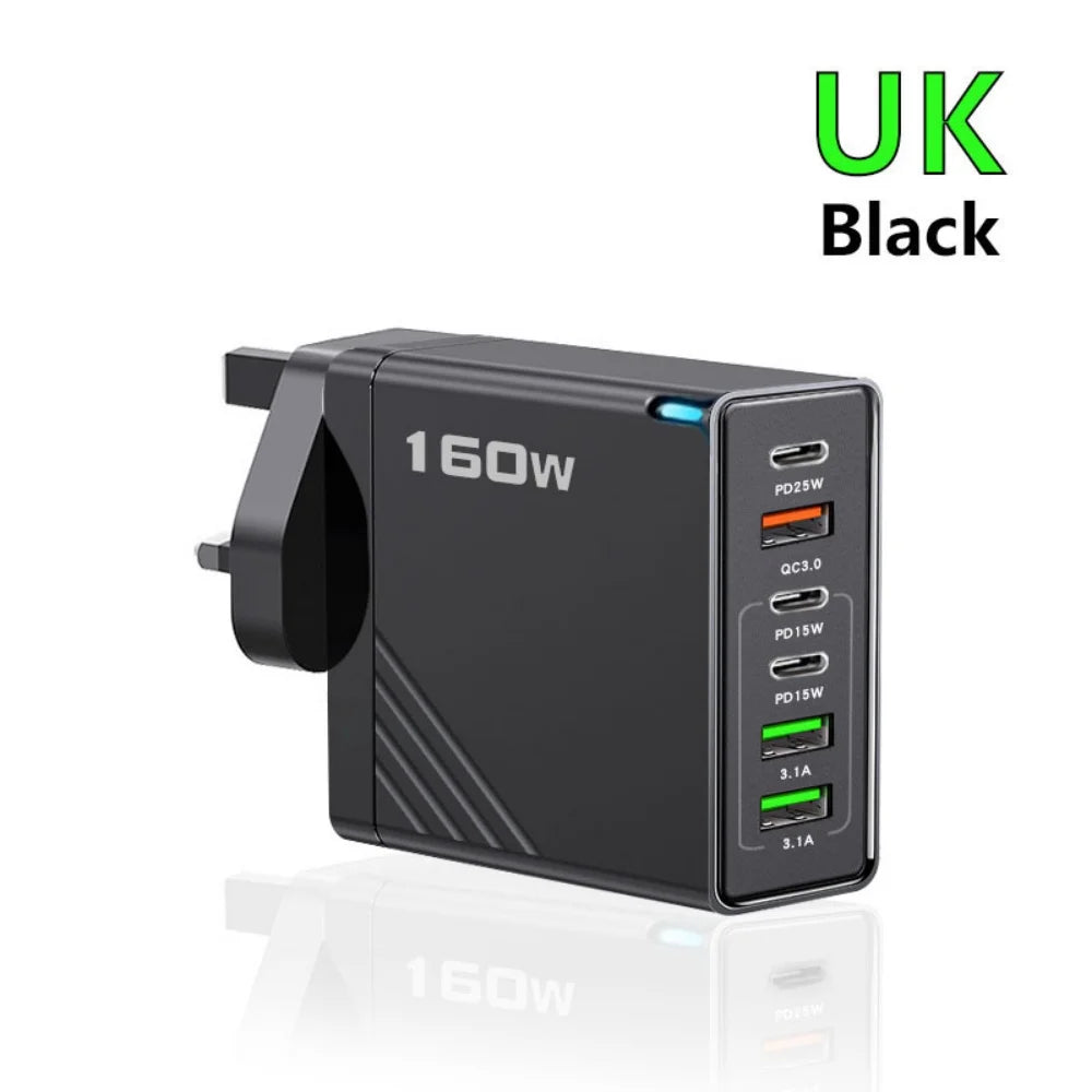160W Multi-Port USB Type C Phone Charger Adapter with EU/US/UK Plugs
