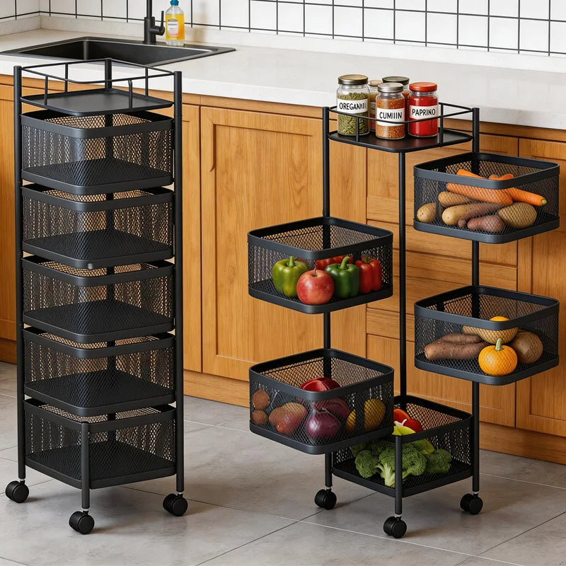 5-Tier Rotating Storage Cart with Mesh Baskets - Mobile Kitchen & Pantry Organizer