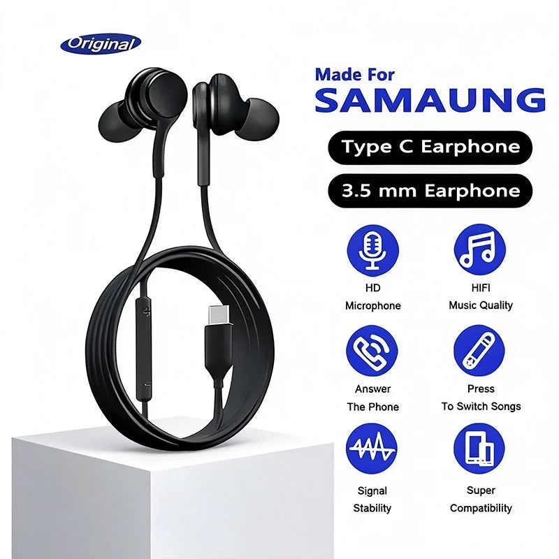 Type C Wired Earphones Stereo Headset with Mic for Samsung Galaxy S25 S24 S23 Ultra Note 20 10