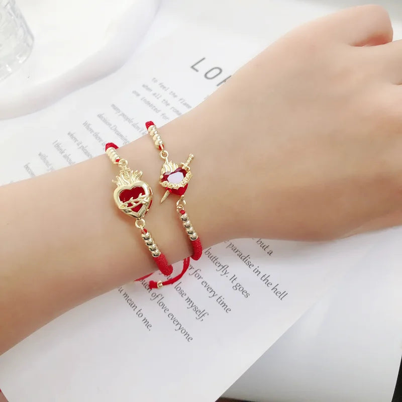 Religious Heart Shaped Crystal Cross Bracelet for Men Women - Lucky Red Rope Braided Jewelry