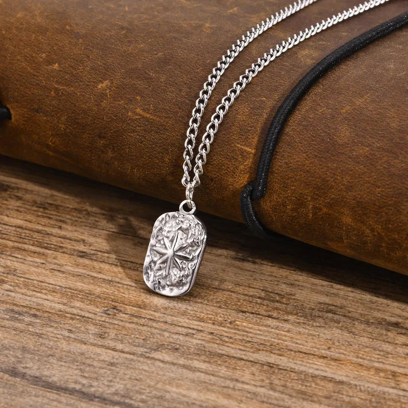 Men's Dog Tag Necklace with Star Pendant - Silver Hammered Stainless Steel