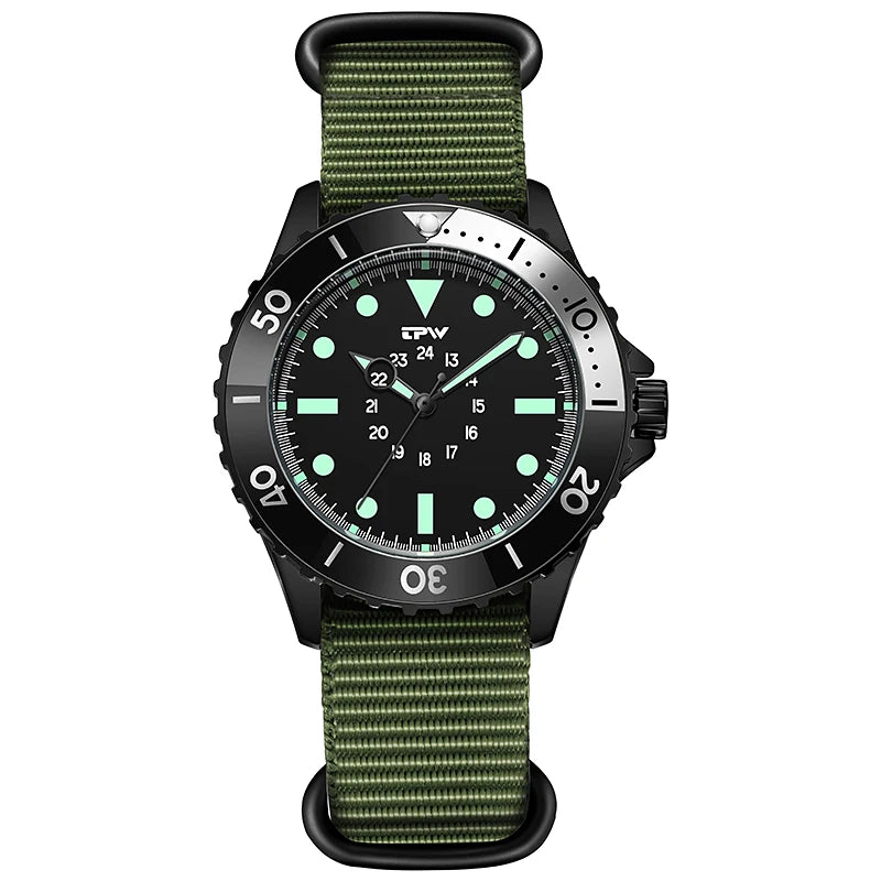 Diver Style Field Watch 40mm Case with Rotating Bezel and Nylon Strap - Multiple Colors
