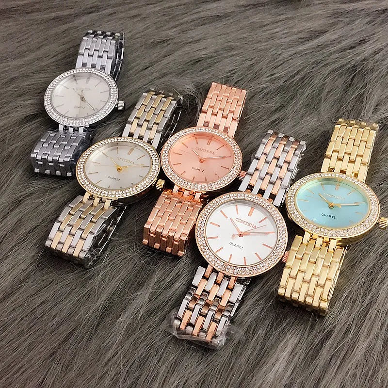 Luxury Women's Fashion Quartz Watch with Rhinestones and Stainless Steel Band
