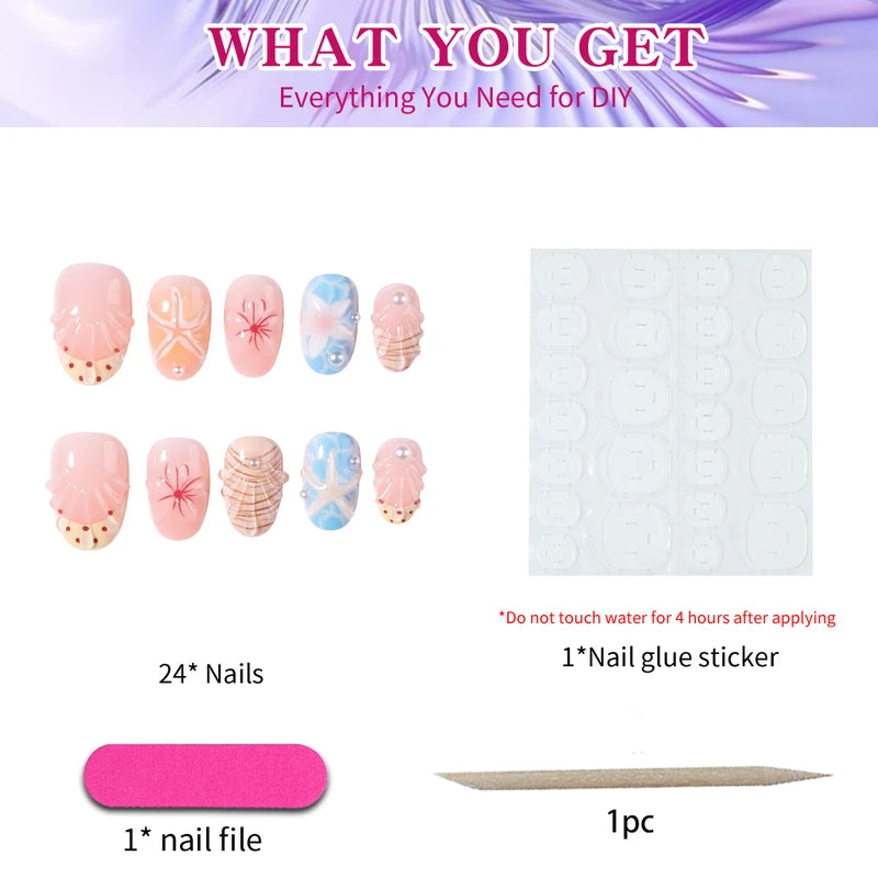 24 Pieces Gel Flower Starburst French Press Nails - Summer Ocean Style Manicure Set
