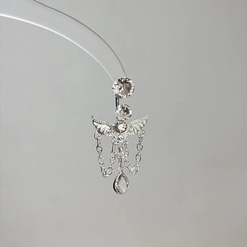 Angel Belly Button Ring with Butterfly Zircon Stainless Steel Navel Piercing for Women Body Jewelry
