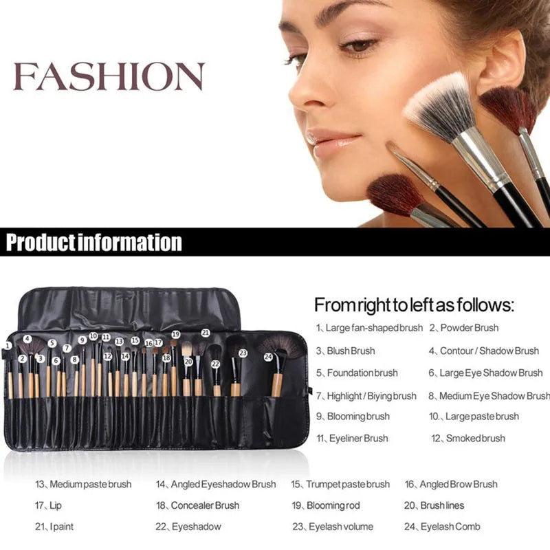 24-Piece Makeup Brush Set with Portable Leather Case - Professional Cosmetics Tools