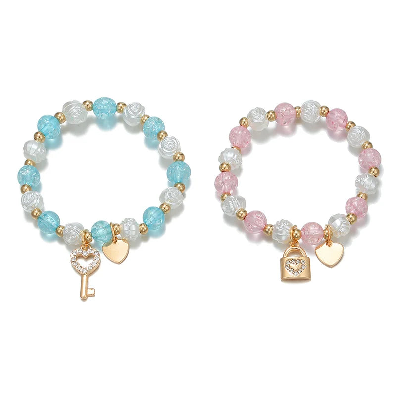 2PCS Heart Charm Key Lock Beaded Bracelets for Girls Friendship & Birthday Gift