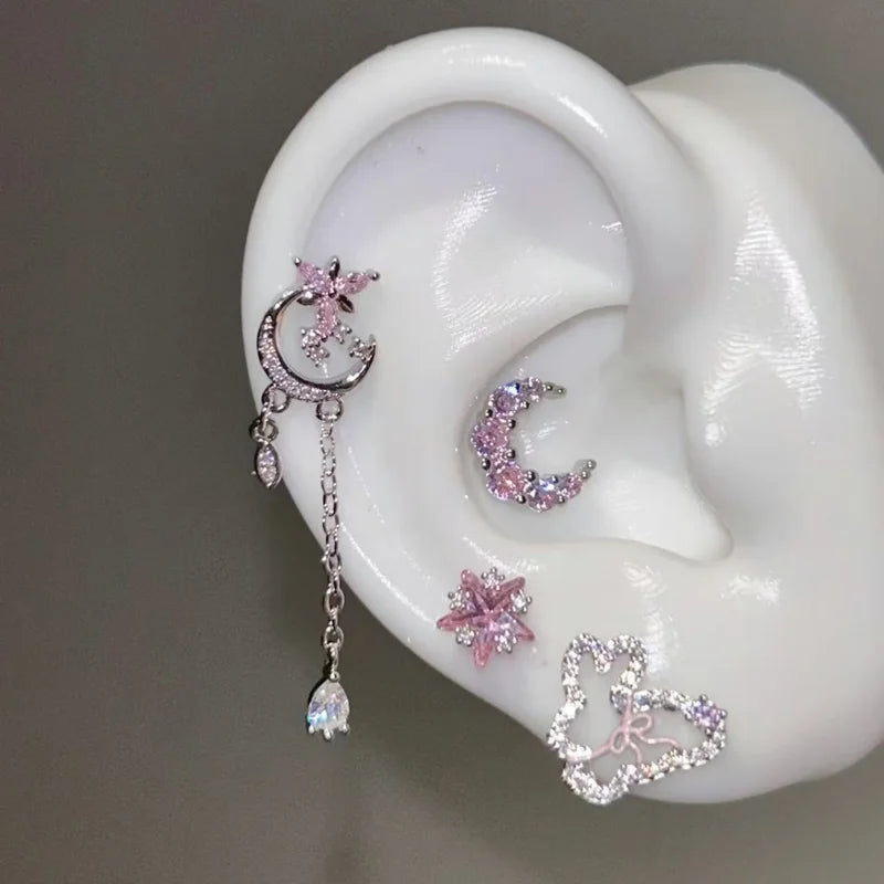 Pink Zircon Moon Tassel Ear Bone Nail Jewelry Piercing Earrings for Women