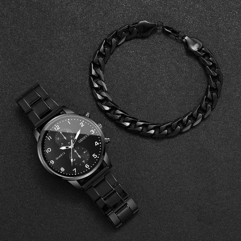 Men's Fashion Quartz Wrist Watch & Bracelet Set Black, Rose, Bronze