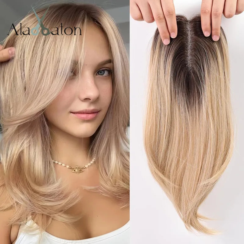 14 Inch Ombre Blonde Layered Hair Topper with Bangs for Women Synthetic Hair with Swiss Base and Clips