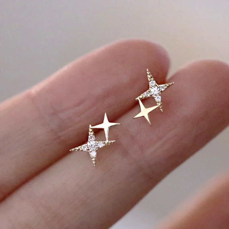 Fashion Silver Color Stud Earrings for Women - Asymmetrical Cross Star Jewelry