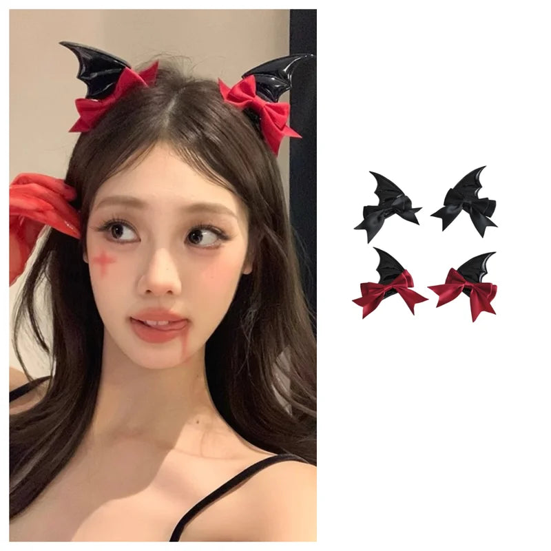 Halloween Devil Horn Bow Hair Clips & Bat Wing Hairpins for Cosplay