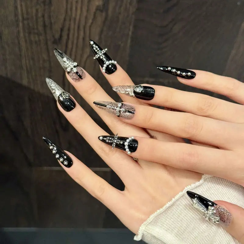 10PCS Handmade Stiletto False Nails Set Cross Y2K Dark Wind Party & Daily Wear