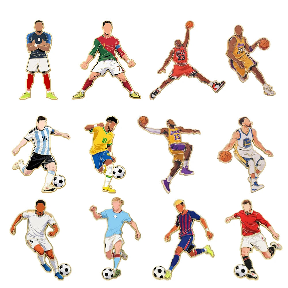 Sports Star Enamel Pins Set - Soccer & Basketball Athlete Metal Brooches, Decorative Pins for Fans