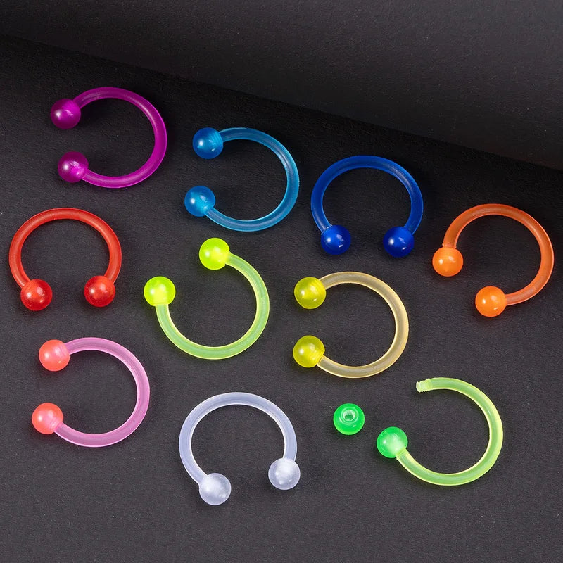 10-Piece Flexible Septum and Body Piercing Ring Set - Acrylic Horseshoe Jewelry