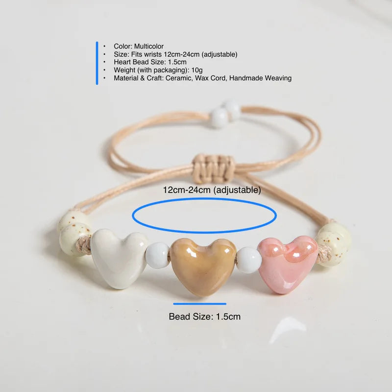 Boho Adjustable Ceramic Heart Beads Bracelet for Couples & Friends