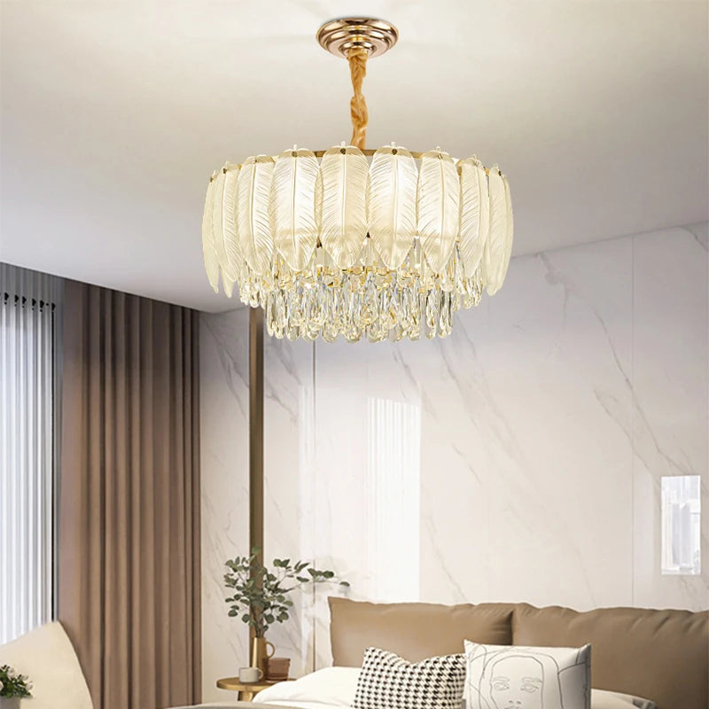 Modern LED Pendant Light with Feather Glass Shade for Living Room & Bedroom