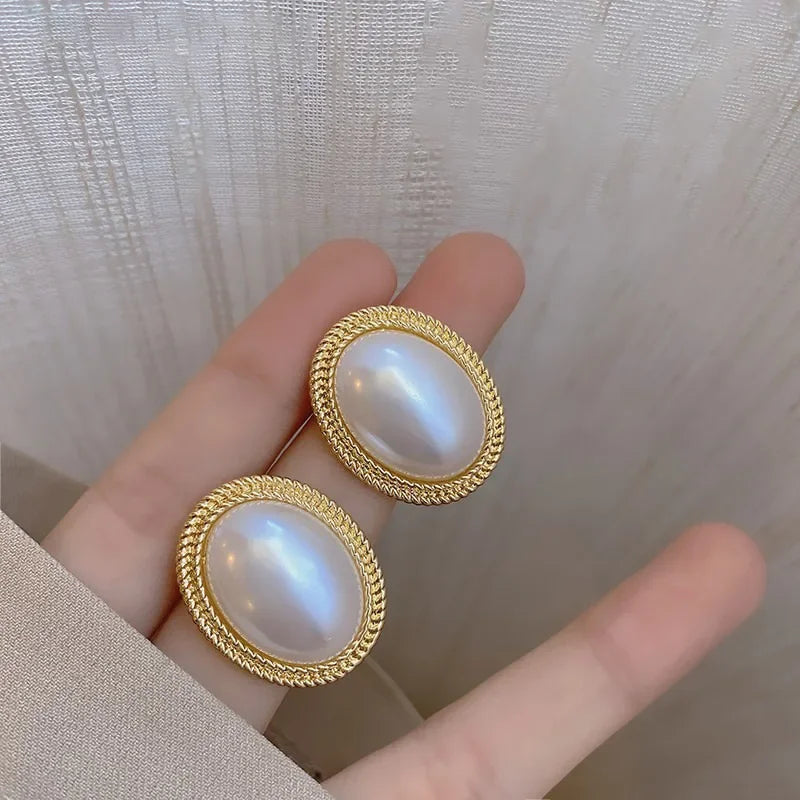 Delicate Baroque Imitation Pearl Oval Stud Earrings for Women - Korean Style Jewelry