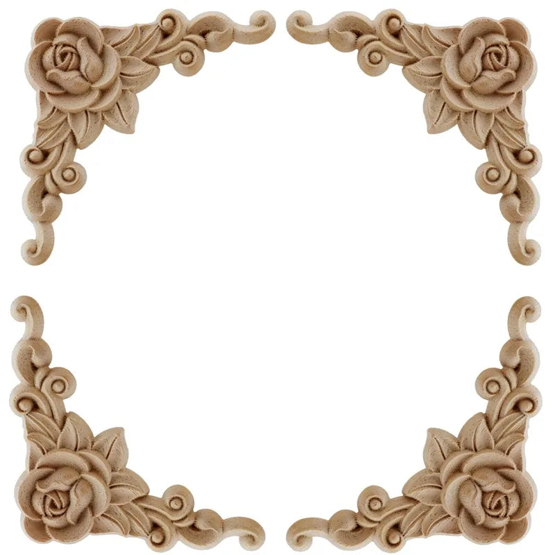 Wooden Floral Corner Wall Decor - Set of 4 Carved Wooden Appliques for Doors & Furniture