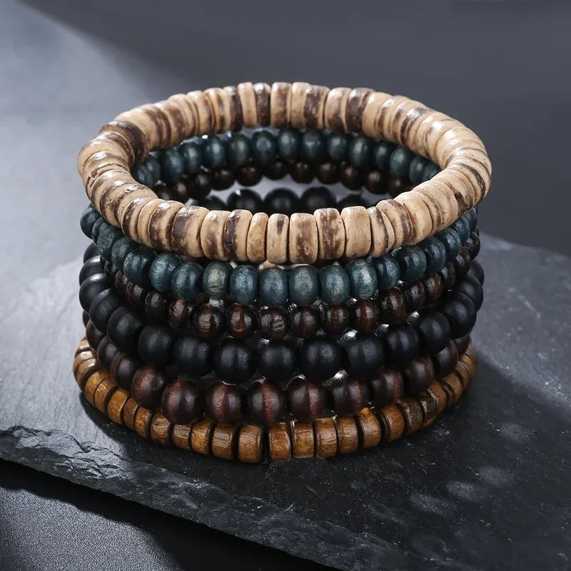 Multi-layer Wooden Bead Bracelet Set for Men - Adjustable Rustic Style Jewelry