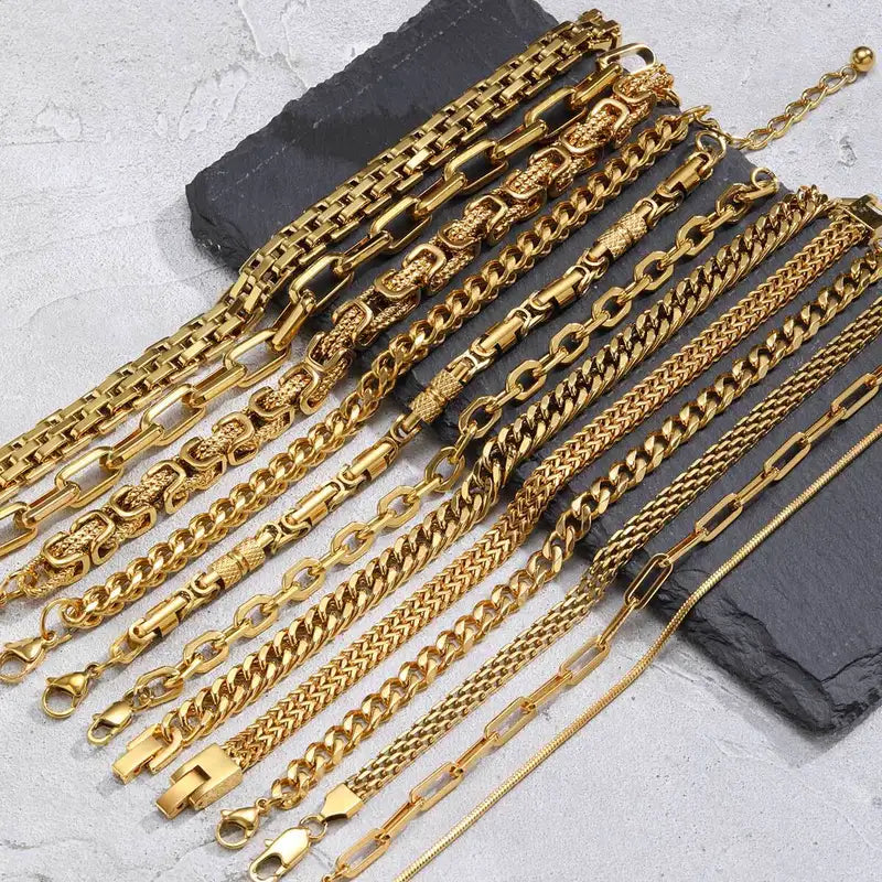 Men's Gold Color Chain Bracelet Hip Hop Stainless Steel Chunky Wristband Jewelry Gift for Him
