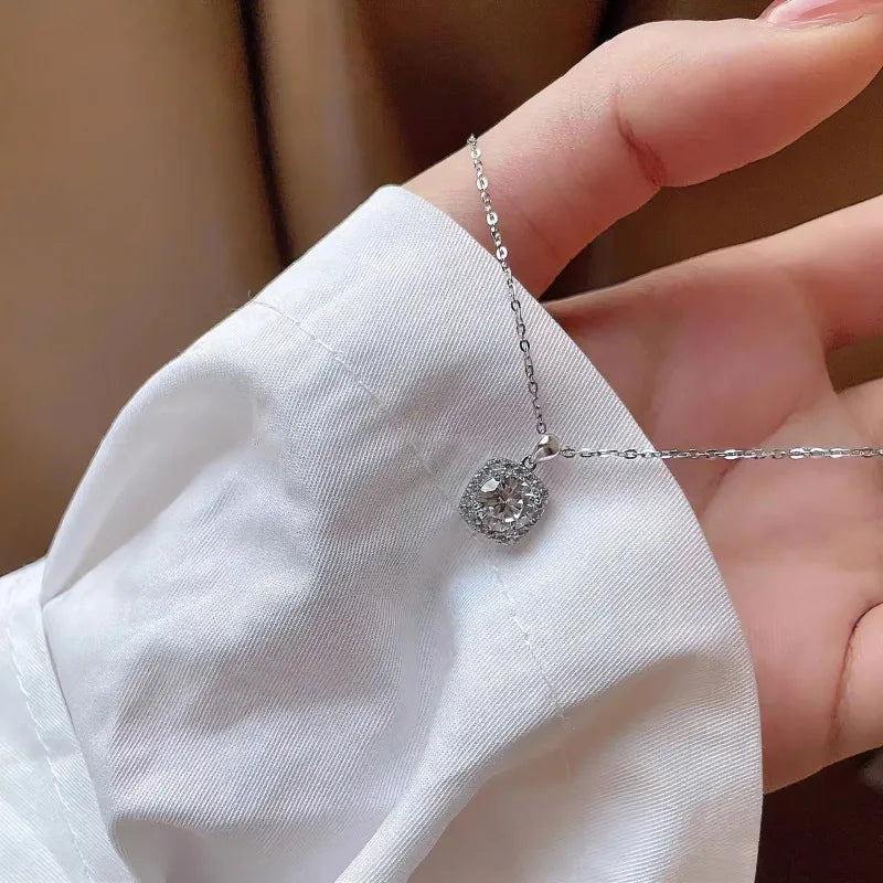Stainless Steel Square Zircon Pendant Necklace for Women Jewelry Accessory