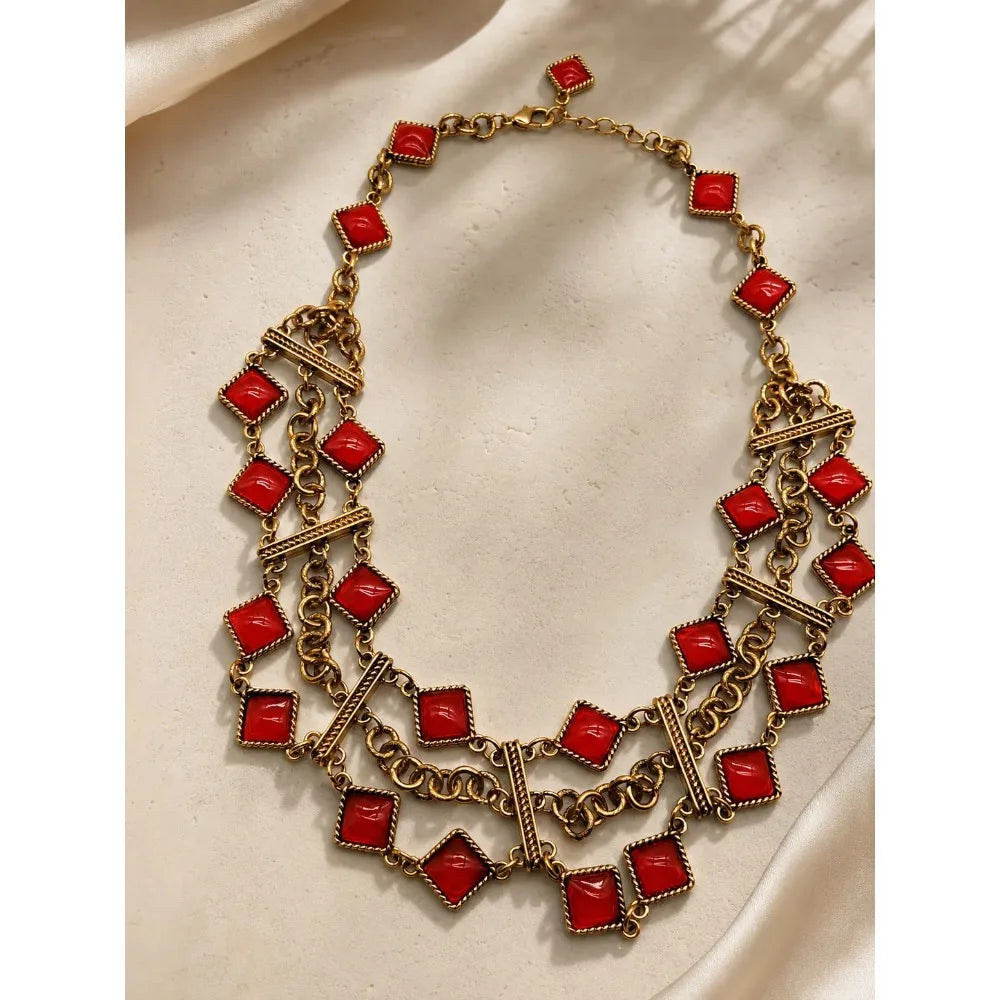 Red Multi-Layer Short Necklace Holiday Jewelry 0308