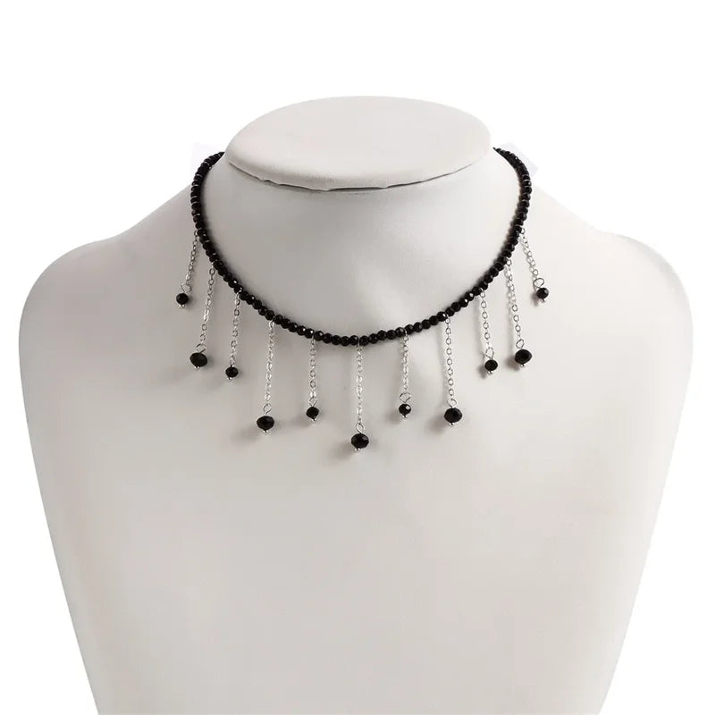 Vintage Black Bead Chain Necklace with Silver Plated Tassel Pendant for Women