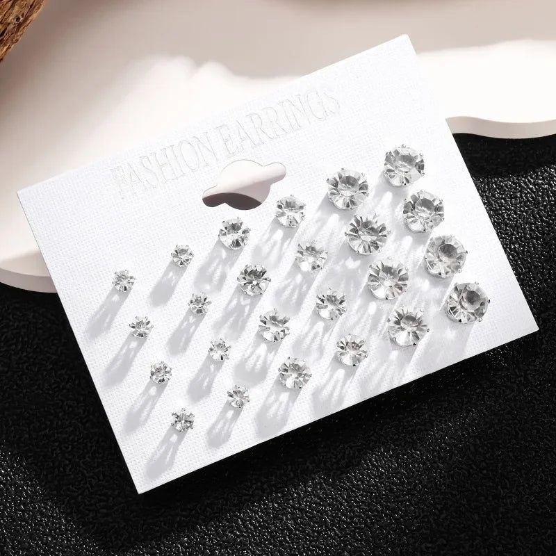 12-Pair White Shiny Wedding Stud Earrings Set for Women & Men Crystal Jewelry