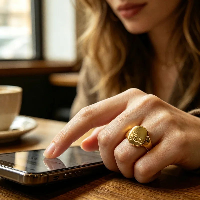 Minimalist Letter Word Silver Stainless Steel Ring for Women - Water Resistant, Gold Plated