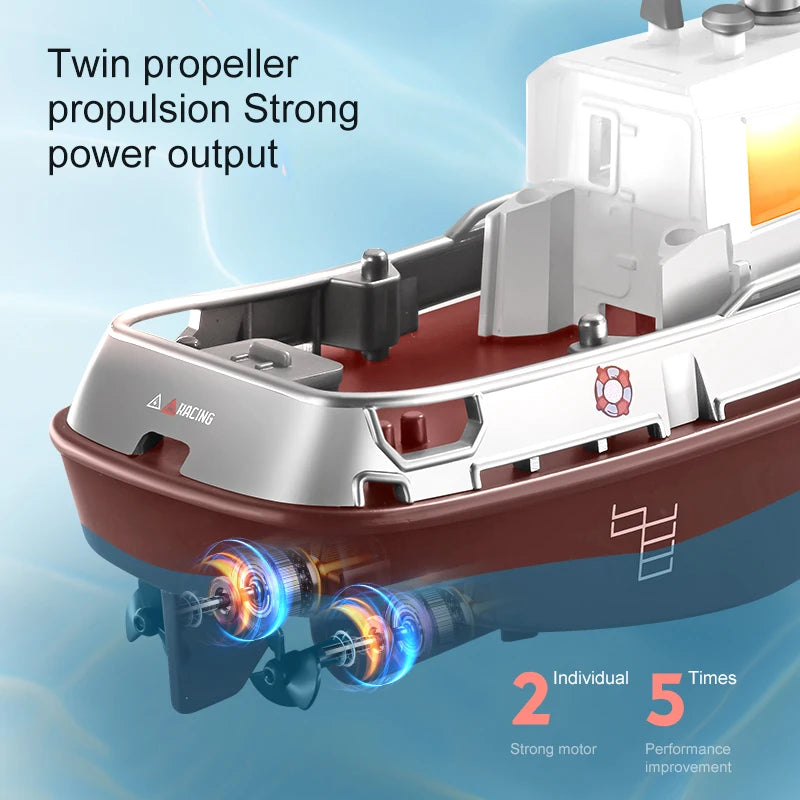 Remote Control Water Tugboat Toy with Lights - 1/32 Scale, Dual Motor, Long Range