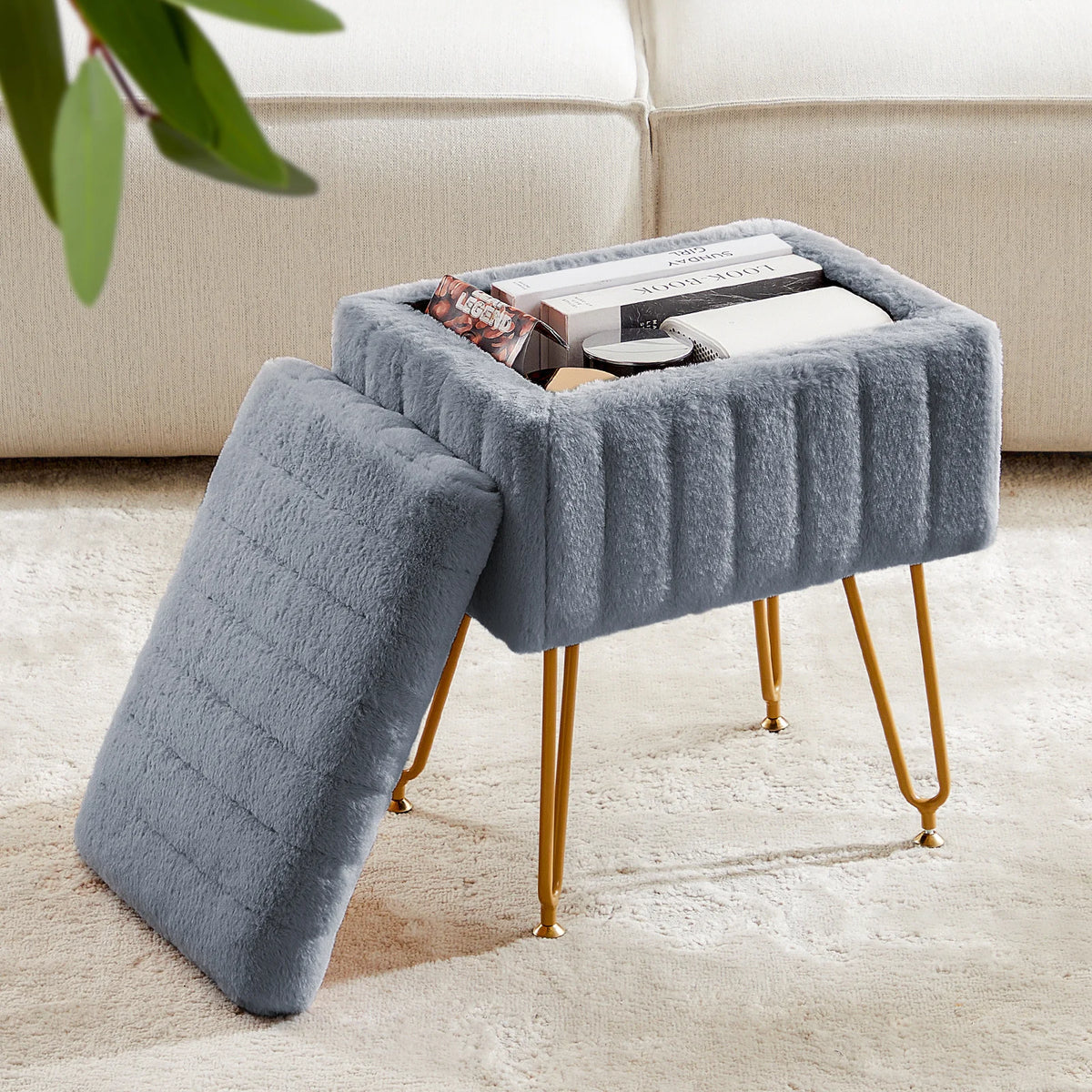 Faux Fur Storage Ottoman with Hidden Compartment, Adjustable Legs, Multi-Use Seat for Living Room