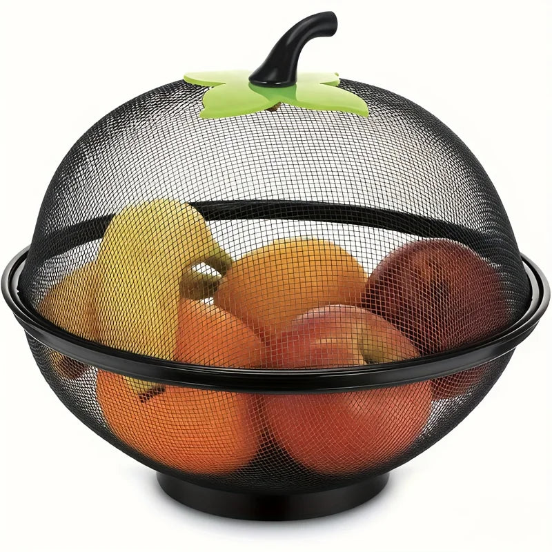 Metal Fruit Basket with Mesh Cover - Kitchen Storage Rack, Moisture Resistant