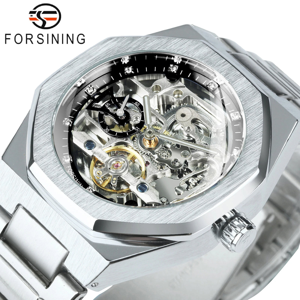 Men's Automatic Mechanical Watch with Luminous Hands and Stainless Steel Strap