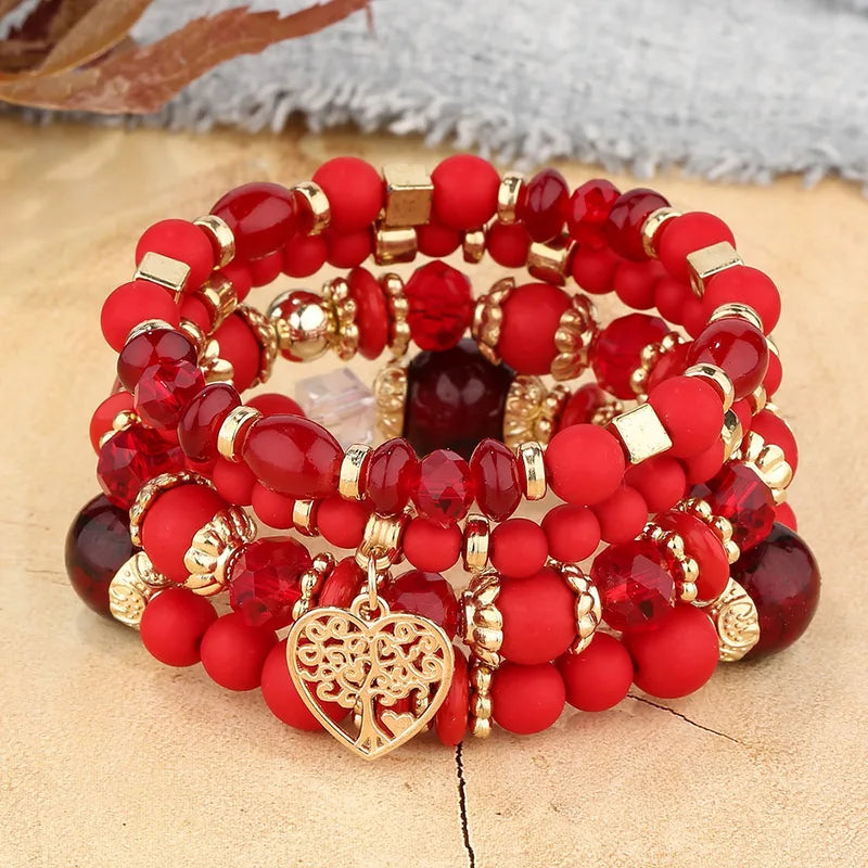 Bohemian Beaded Chain Bracelet Set for Women Tree of Life Charm Elastic Jewelry