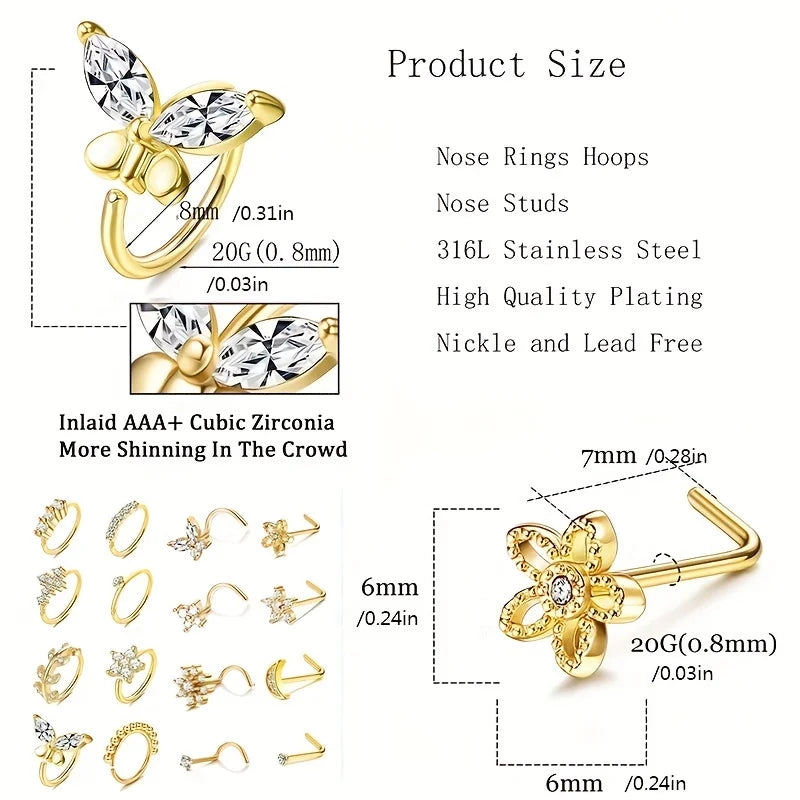 20G Nose Rings Studs Hoop Screw L Shaped Body Jewelry for Women