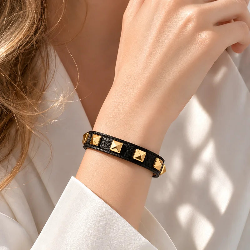 10 Color Punk Leather Bracelet for Women Men - Adjustable Bangle with Rivets & Studs