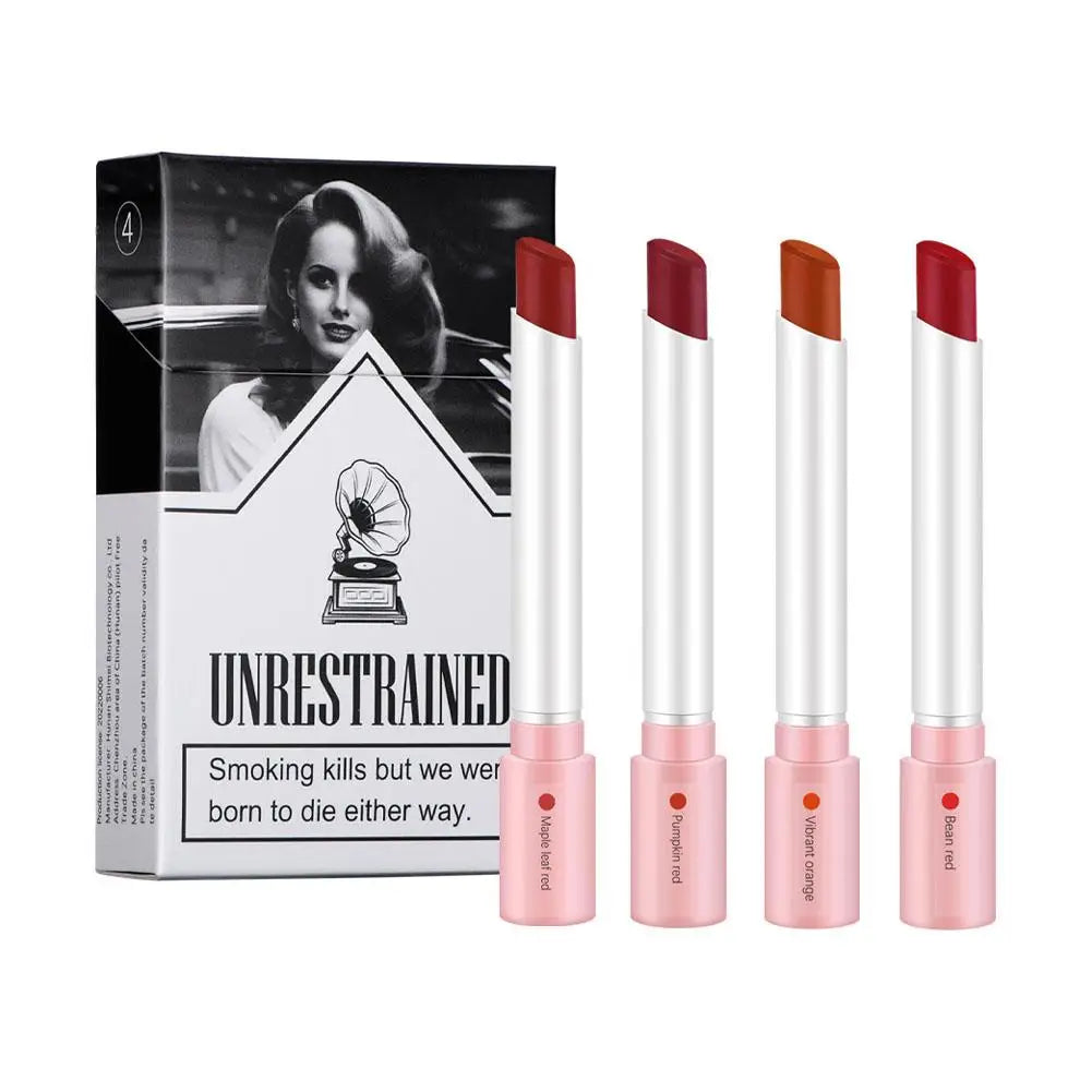 4-Piece Lipstick Set with Matte Long-Lasting Waterproof Lip Gloss in Cigarette Design