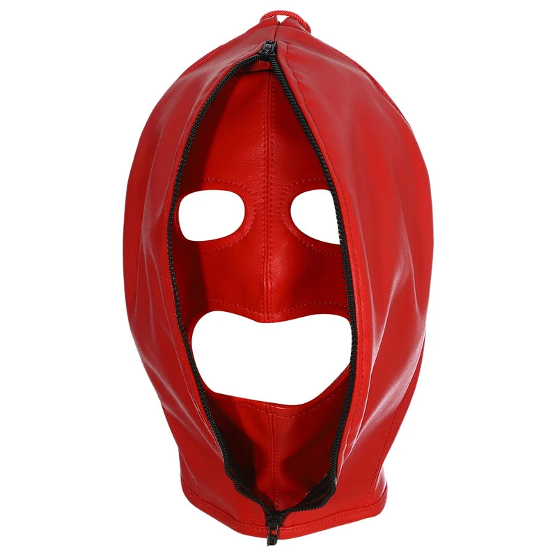 Full Face Leather Mask with Zipper & Lace-Up Adjustable Headgear for Cosplay & Parties