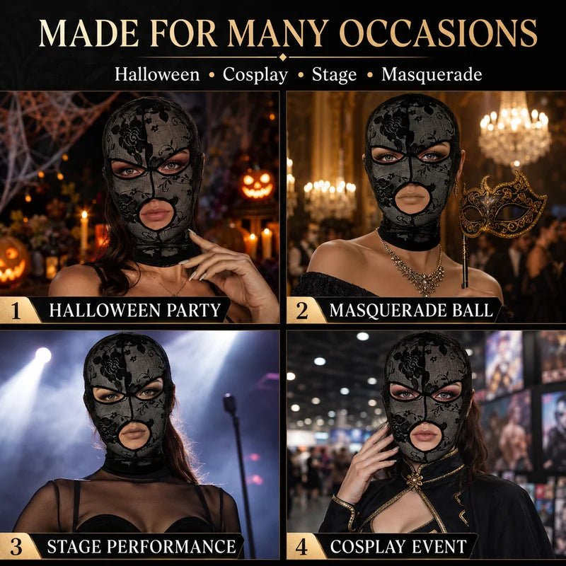 Gothic Lace Full Face Mask for Halloween Cosplay - Stretch Mesh Hood with Eye & Mouth Openings