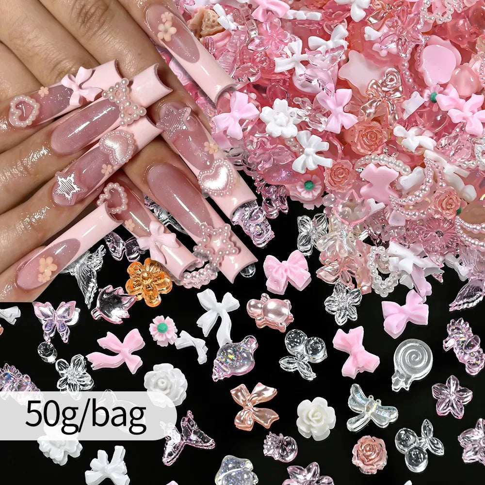 50g Assorted Bow Flower Pearl Nail Art Rhinestones - Manicure Decorations