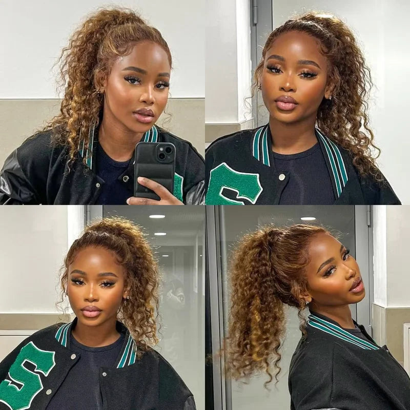 Deep Wave Human Hair Wig 360 Full Lace Front with Hidden Strap Blonde Highlights