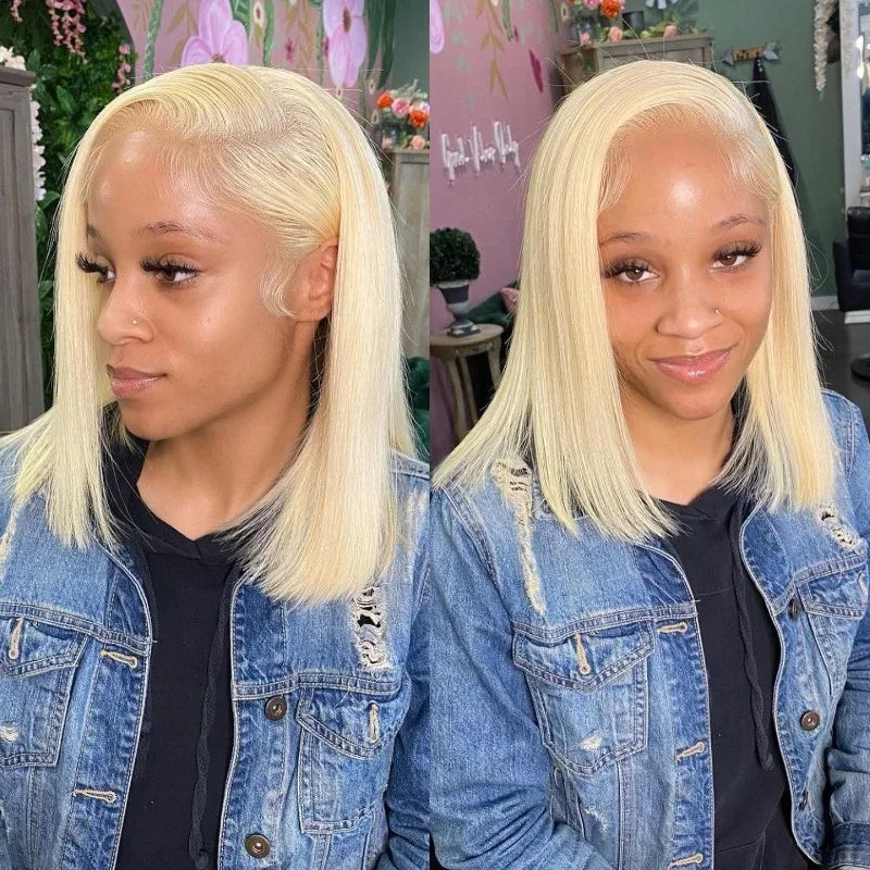 Blonde Short Bob Human Hair Lace Front Wigs 8-14 Inch 200 Density for Women
