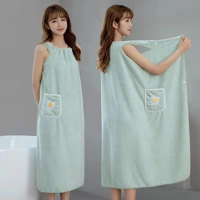 Women Wearable Bath Towel Wrap - Absorbent Long Polyester Bathroom Robe