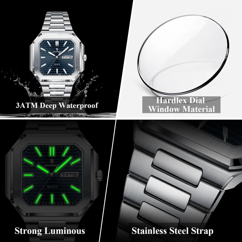 Men's Waterproof Luminous Quartz Wristwatch with Date & Steel Strap