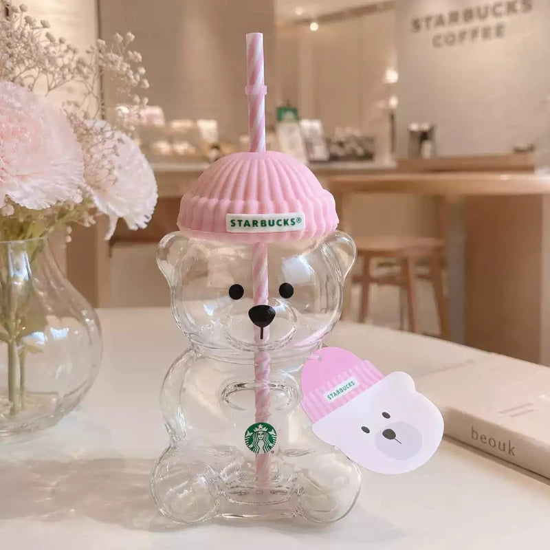 Clear Bear-Shaped Tumbler with Pink Beanie Lid & Striped Straw – 591ml Drinkware
