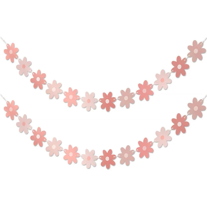 Pink Daisy Party Decor Garland Banners - Spring Boho Flower Cutouts & Flags