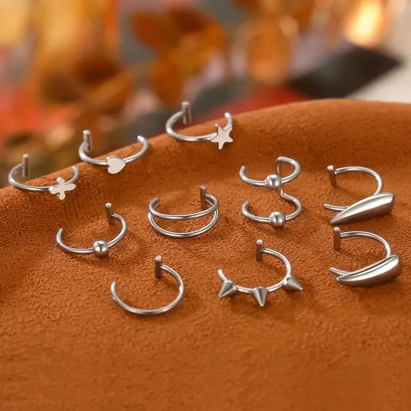 Set of 2/8/10 Stainless Steel Non-Pierced Lip Rings with Cross, Star, Heart, Cone Designs