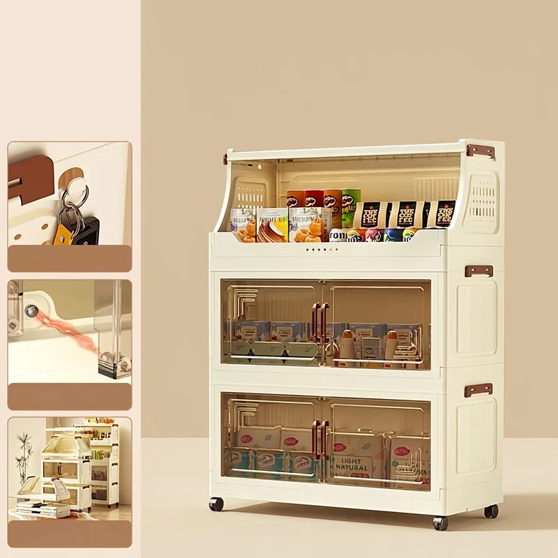 3/4-Tier Rolling Storage Cabinet with Transparent Doors & Flip Top - Kitchen Pantry Organizer