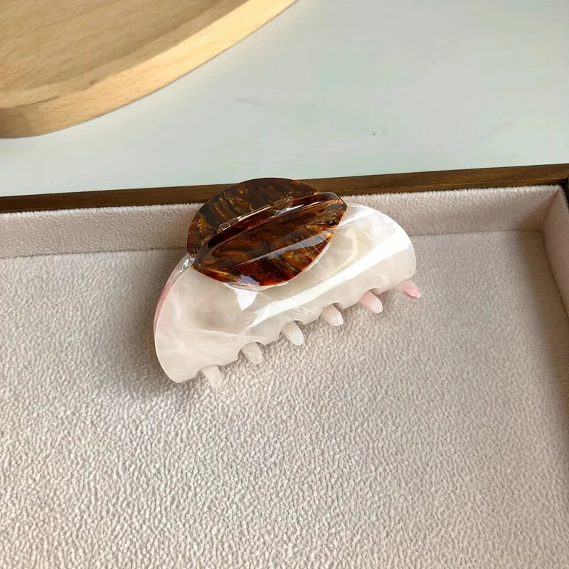 Vintage French Hair Clip Two-Tone Wood Grain Marbled Design Hair Accessories